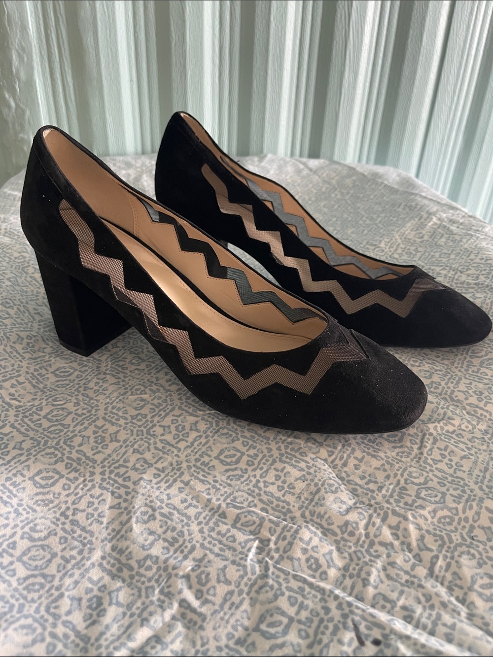 Cole Haan Black Suede Zigzag Mesh Block Heel Pumps NEW